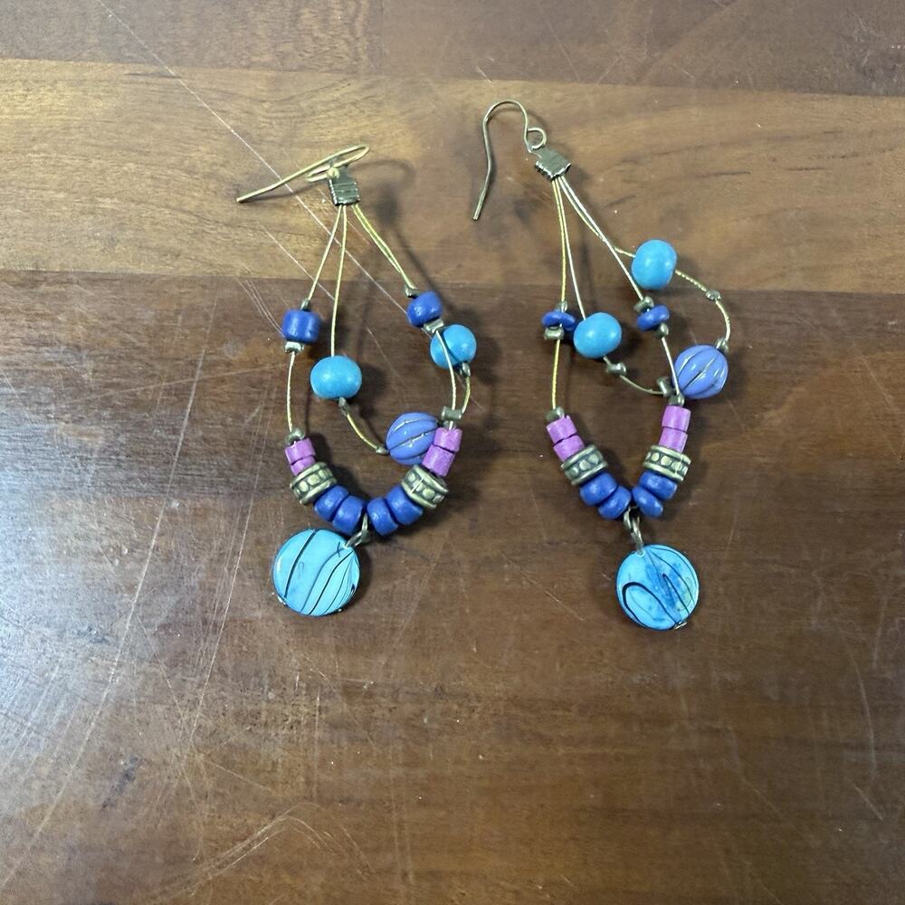 Gold Tone Pink Blue Bead Dangle Earrings Boho Eclectic Hippie